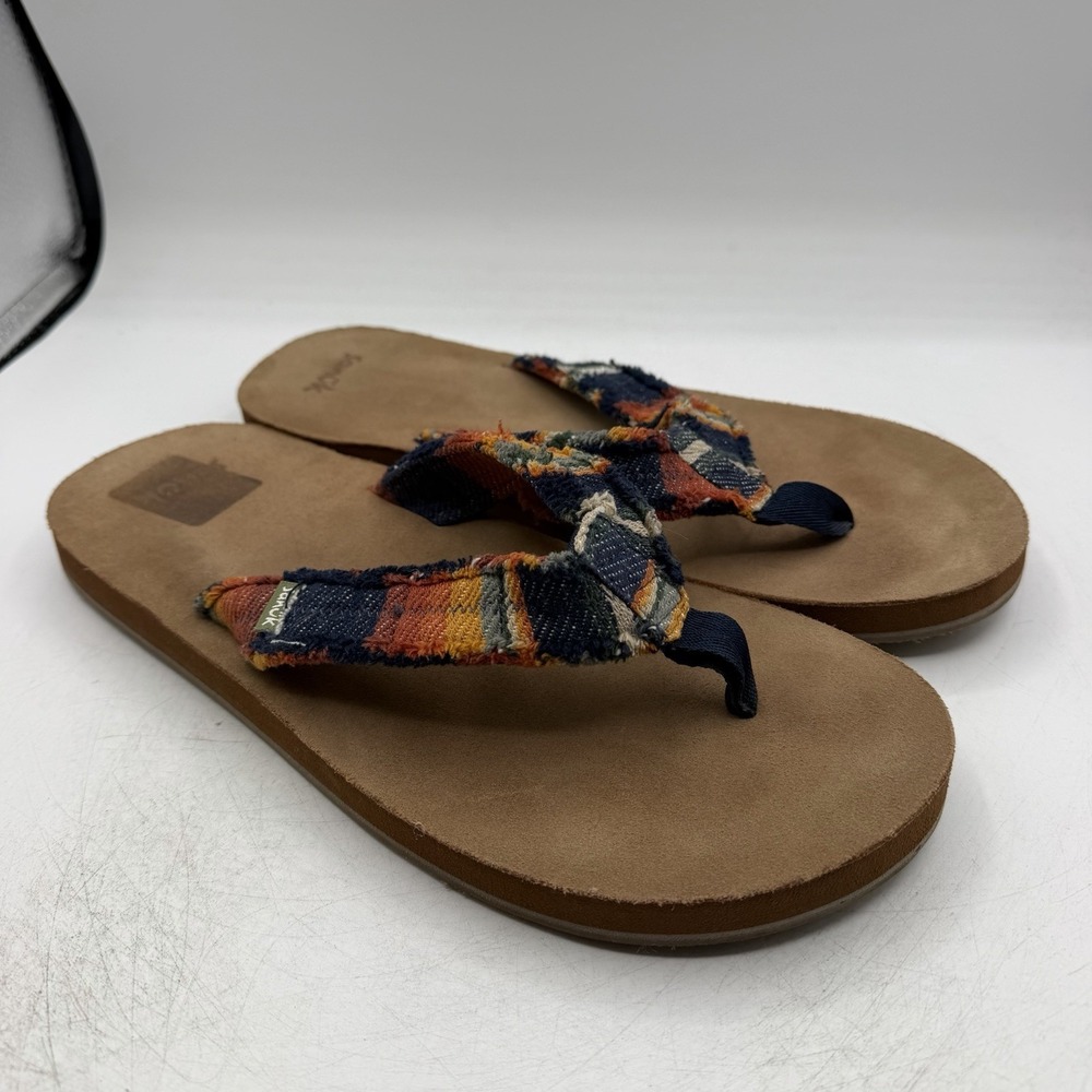 Sanuk Fraid Not Flip Flops Mens Sz 13 Brown Plaid Hemp Comfort Thong Sandals